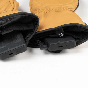 Mobile Warming tan leather heated gloves with battery packs inserted