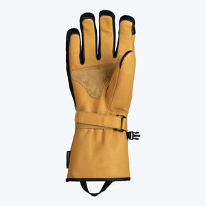 Mobile Warming tan leather glove with black trim and wrist strap