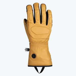 Mobile Warming tan leather heated glove with black trim and power button on cuff