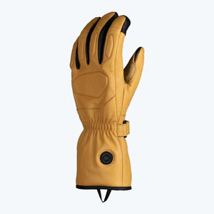 Mobile Warming tan leather heated glove with black trim and power button on cuff