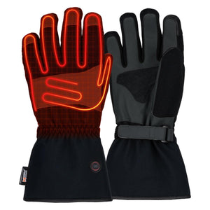 Mobile Warming black heated gloves with glowing red heating elements visible on the back of the hand