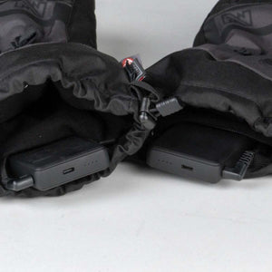 Mobile Warming heated gloves with battery packs inserted in cuffs