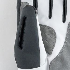 Mobile Warming white and grey glove detail showing thumb and palm reinforcement