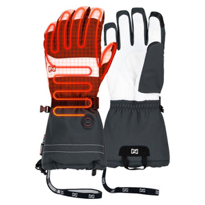Mobile Warming heated gloves showing internal heating elements and wrist control button