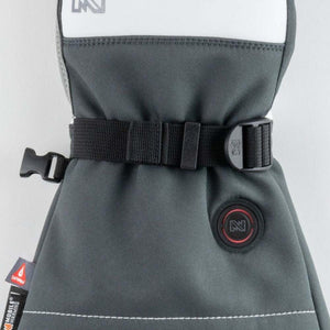 Mobile Warming grey heated glove wrist strap and power button detail