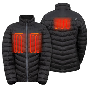 Mobile Warming black puffer jacket showing front and back heating elements