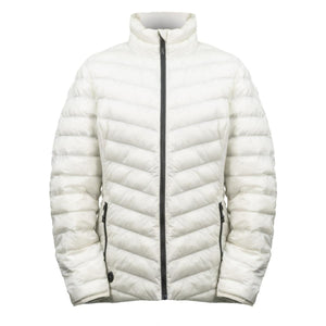 Mobile Warming white quilted puffer jacket with black front zipper and side pockets