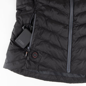 Mobile Warming black quilted vest with battery pack in pocket and power button on front