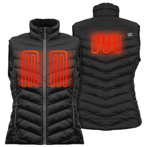 Mobile Warming black heated vest showing front and back heating elements