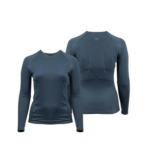 Mobile Warming long sleeve base layer top in blue shown from front and back views