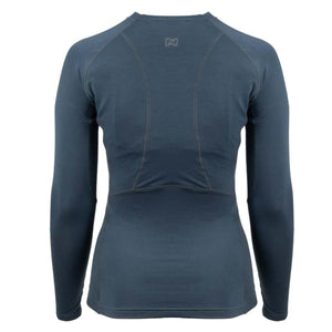 Back view of Mobile Warming blue long sleeve base layer shirt with contrast stitching