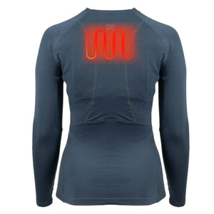 Back view of Mobile Warming long sleeve shirt showing glowing red heating element on upper back