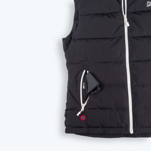 Mobile Warming black quilted vest with battery pack in side pocket and power button on front