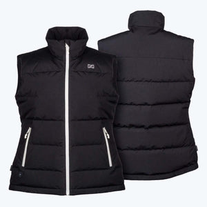 Mobile Warming black quilted puffer vest with white front zipper and side pockets