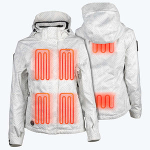 Mobile Warming white patterned heated jacket showing front and back heating element zones
