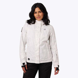 Woman wearing a white Mobile Warming patterned jacket with black pants