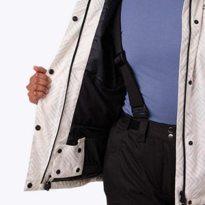 Interior view of a Mobile Warming white patterned ski jacket showing black lining and suspender straps