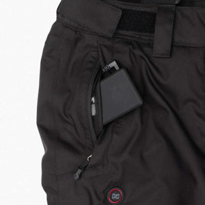 Mobile Warming black heated pants with battery pack in zippered pocket