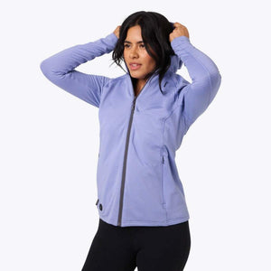 Woman wearing a purple Mobile Warming hooded zip up jacket