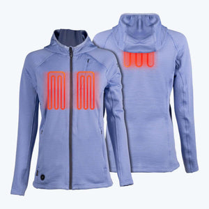 Mobile Warming blue hooded heated jacket showing front and back heating elements