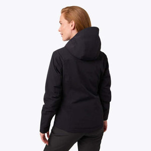 Woman wearing a black Mobile Warming hooded jacket viewed from the back