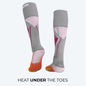 Mobile Warming grey and pink heated socks with orange heat zone under the toes