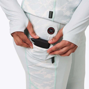 Mobile Warming heated pants with battery pack being placed into pocket
