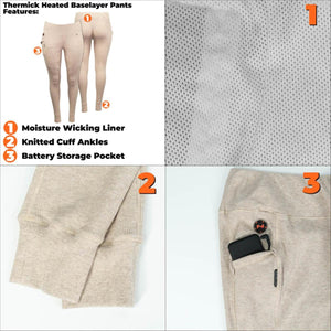 Mobile Warming Thermick heated baselayer pants features showing moisture wicking liner knitted cuffs and battery pocket