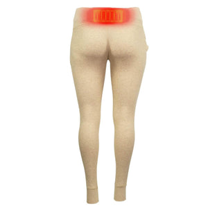 Mobile Warming beige thermal leggings with a glowing red heating element at the lower back