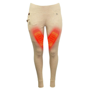 Mobile Warming beige thermal leggings with highlighted heating zones on the thighs