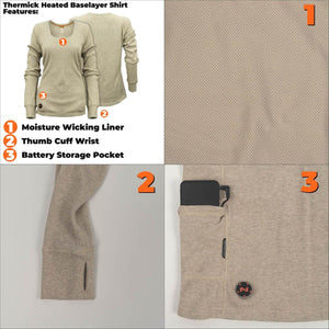 Mobile Warming Thermick heated baselayer shirt features including moisture wicking liner thumb cuff and battery pocket