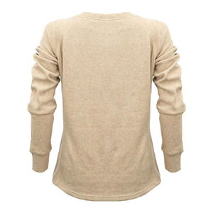 Back view of a beige Mobile Warming long sleeve thermal shirt