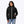 Woman wearing a black Mobile Warming fleece jacket with white zipper details