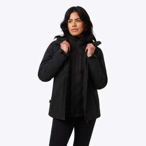 Woman wearing a black Mobile Warming hooded jacket with a quilted inner layer
