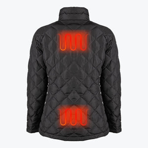 Back view of black Mobile Warming quilted jacket showing two glowing red heating element zones