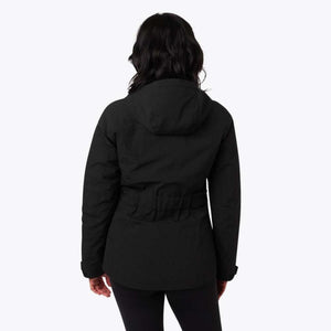 Back view of a black Mobile Warming hooded jacket