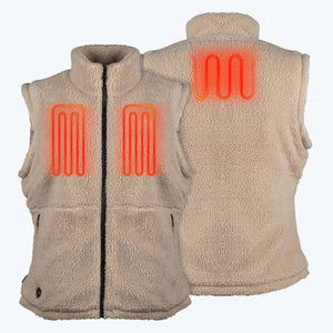 Mobile Warming beige sherpa fleece vest showing front and back heating element zones