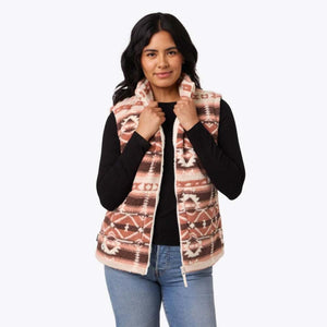 Mobile Warming women's sherpa fleece vest with brown and cream geometric pattern
