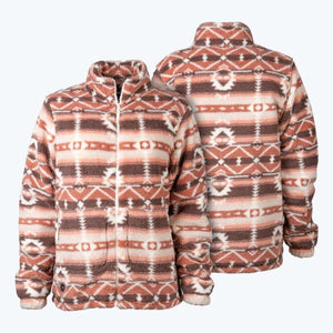 Mobile Warming fleece jacket with brown and cream southwestern pattern