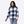 Woman wearing a Mobile Warming blue and white plaid fleece jacket
