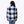 Back view of a person wearing a Mobile Warming blue and white plaid fleece jacket