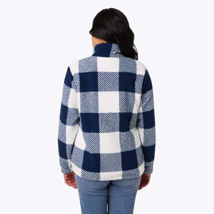 Back view of a person wearing a Mobile Warming blue and white plaid fleece jacket