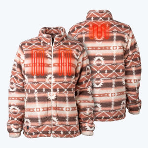Mobile Warming fleece jacket with brown and cream geometric pattern showing internal heating element locations