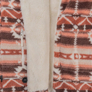 Mobile Warming fleece jacket with brown and peach geometric pattern and cream sherpa lining