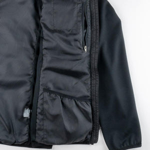 Interior view of Mobile Warming jacket showing zipper pocket and open storage pocket