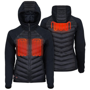 Mobile Warming black hooded jacket showing front and back heating elements