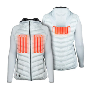 Mobile Warming white hooded heated jacket showing front and back heating elements