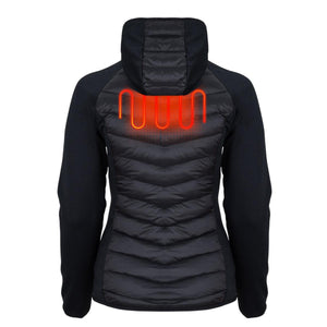 Back view of Mobile Warming black heated jacket with glowing red heating element graphic on upper back