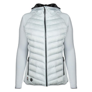Mobile Warming women light grey hooded heated jacket with quilted front panel and zip closure