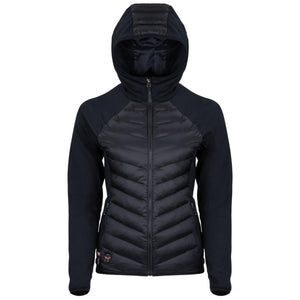 Mobile Warming black hooded puffer jacket with quilted front panel and solid sleeves